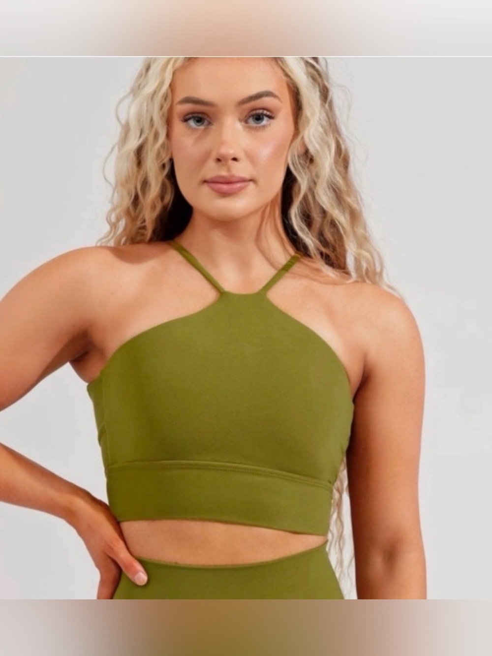 BuffBunny Olive Green High-Neck Strappy Sports Bra